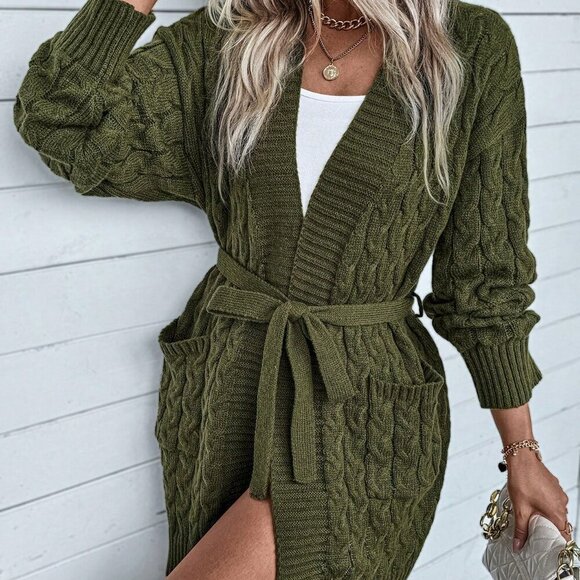 Sweaters - Army Green Casual Women's Solid Color Cable Knit V-Neck Cardigan